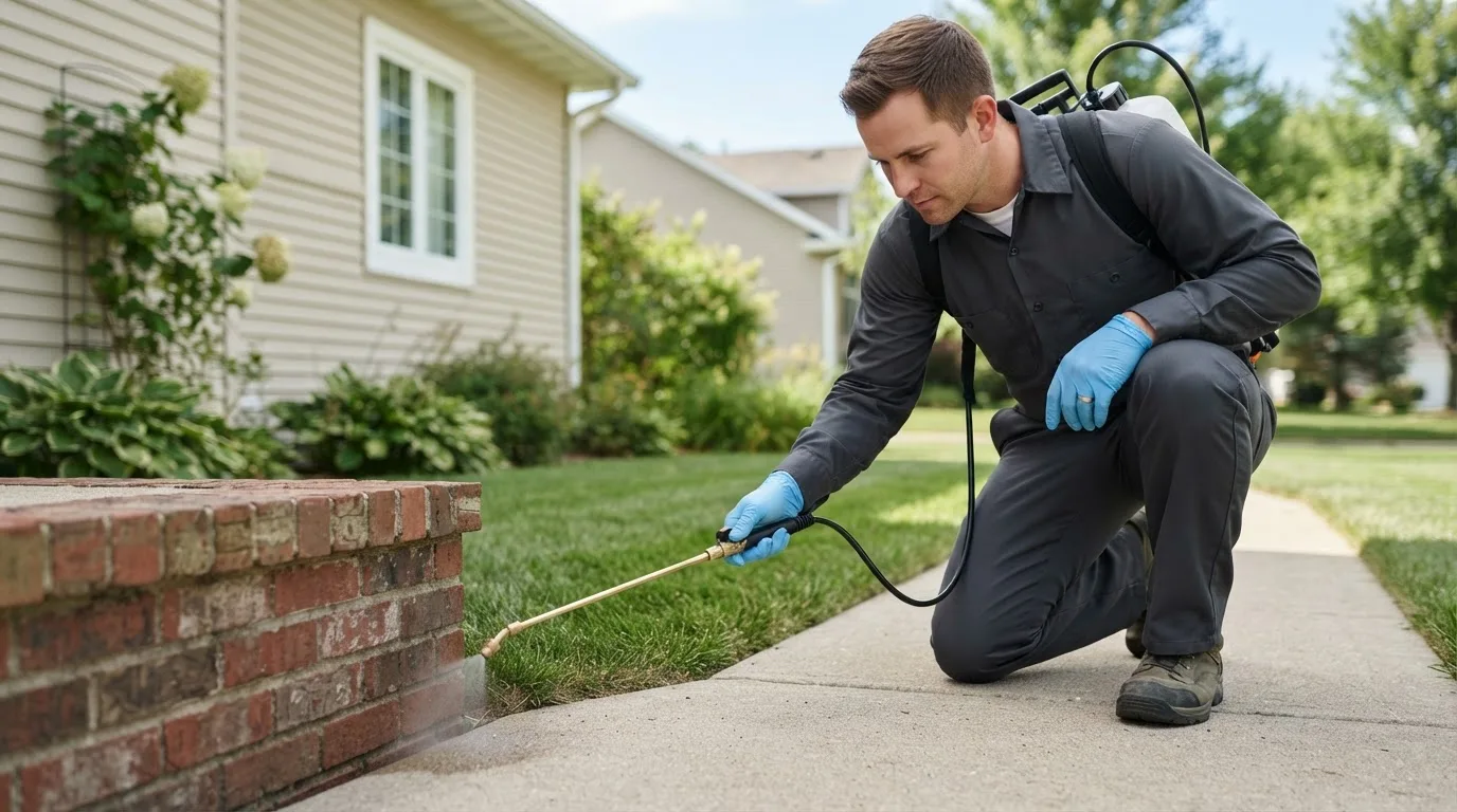 Pest control technician treating a home near Farmington, NH