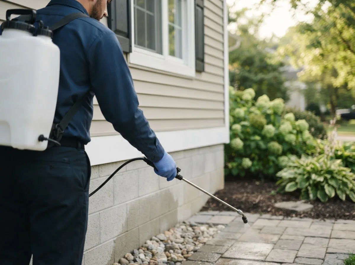 Pest control technician inspecting a home in Farmington, NH